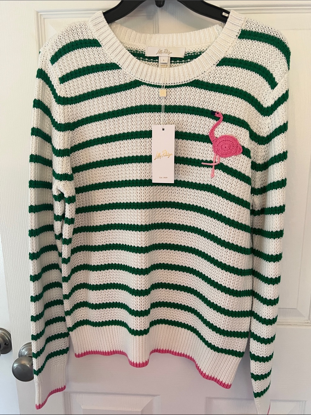 Lilly Pulitzer Green & White Striped Crewneck Sweater with Pink Flamingo